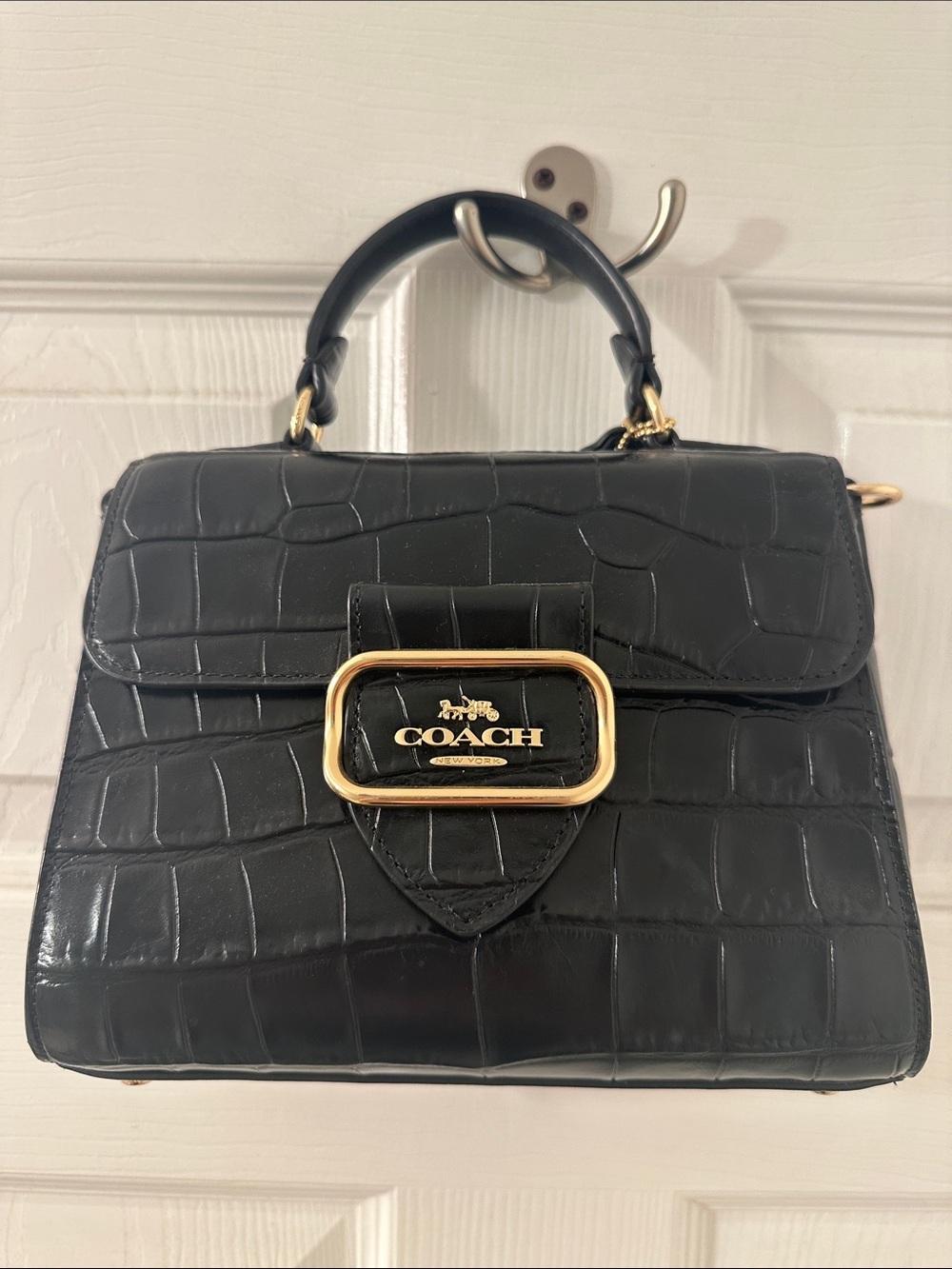 Coach Black Croc-Embossed Top Handle Satchel with Gold Hardware